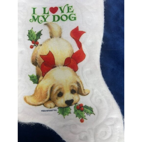 Christmas Stocking with "I Love My Dog" Print White Red Trim - Picture 4 of 5